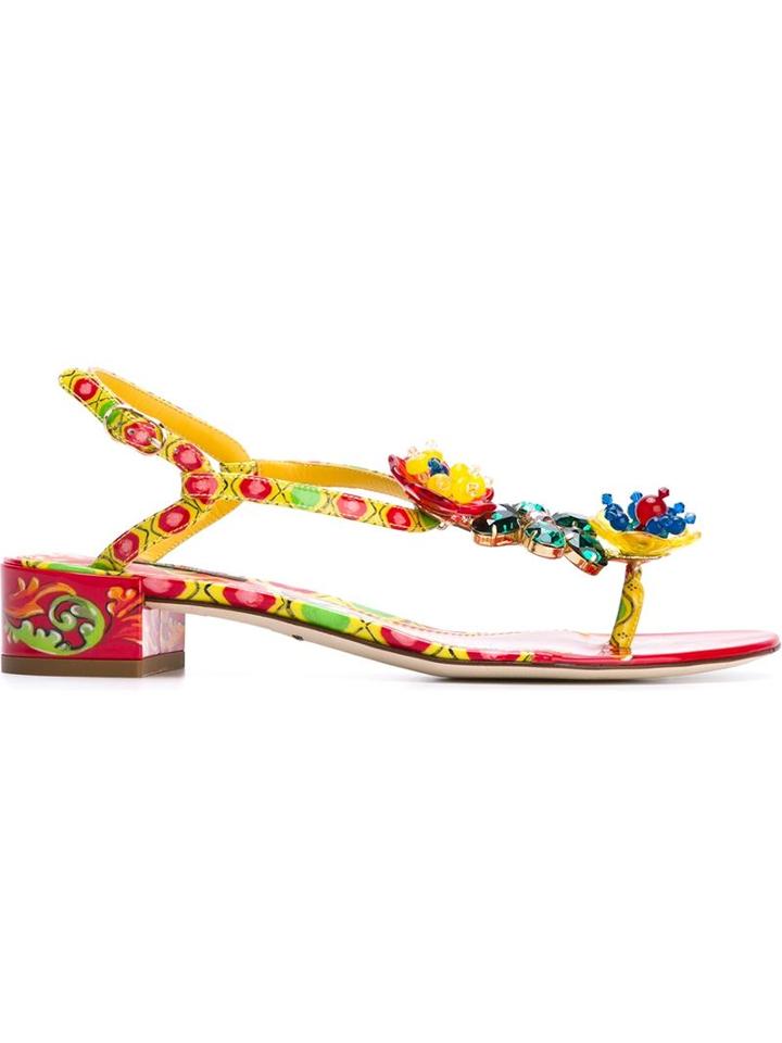 Dolce & Gabbana Carretto Siciliano Print Sandals, Women's, Size: 35, Yellow/orange, Leather/pvc/glass/patent Leather