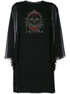 Philipp Plein - Sequin Skull Mini Dress With Sheer Sleeves - Women - Polyester - M, Black, Polyester