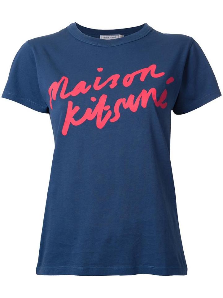 Maison Kitsuné Handwriting Logo T-shirt, Women's, Size: Medium, Blue, Cotton