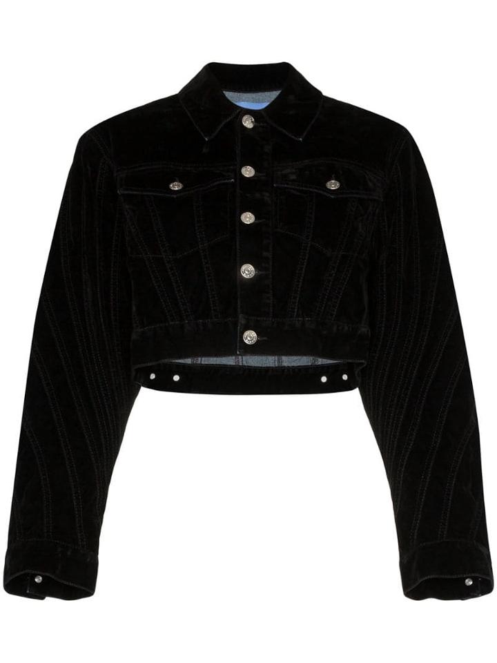 Mugler Velvet Cropped Denim Jacket - Black