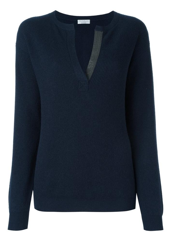 Brunello Cucinelli Detailed V-neck Ribbed Pullover, Women's, Size: Xs, Blue, Cashmere/brass