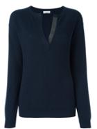 Brunello Cucinelli Detailed V-neck Ribbed Pullover, Women's, Size: Xs, Blue, Cashmere/brass