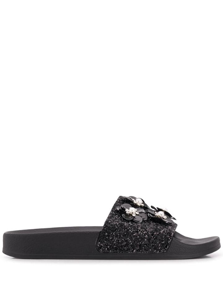 Blumarine Flower Appliqué Slides - Black