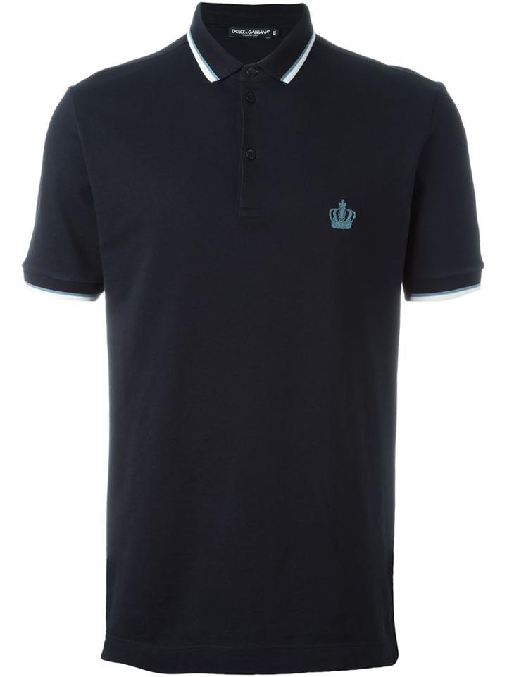 Dolce & Gabbana Embroidered Crown Polo Shirt, Men's, Size: 46, Blue, Cotton