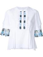 Peter Pilotto Pleated Sleeves Blouse, Women's, Size: 12, White, Cotton/polyimide/spandex/elastane