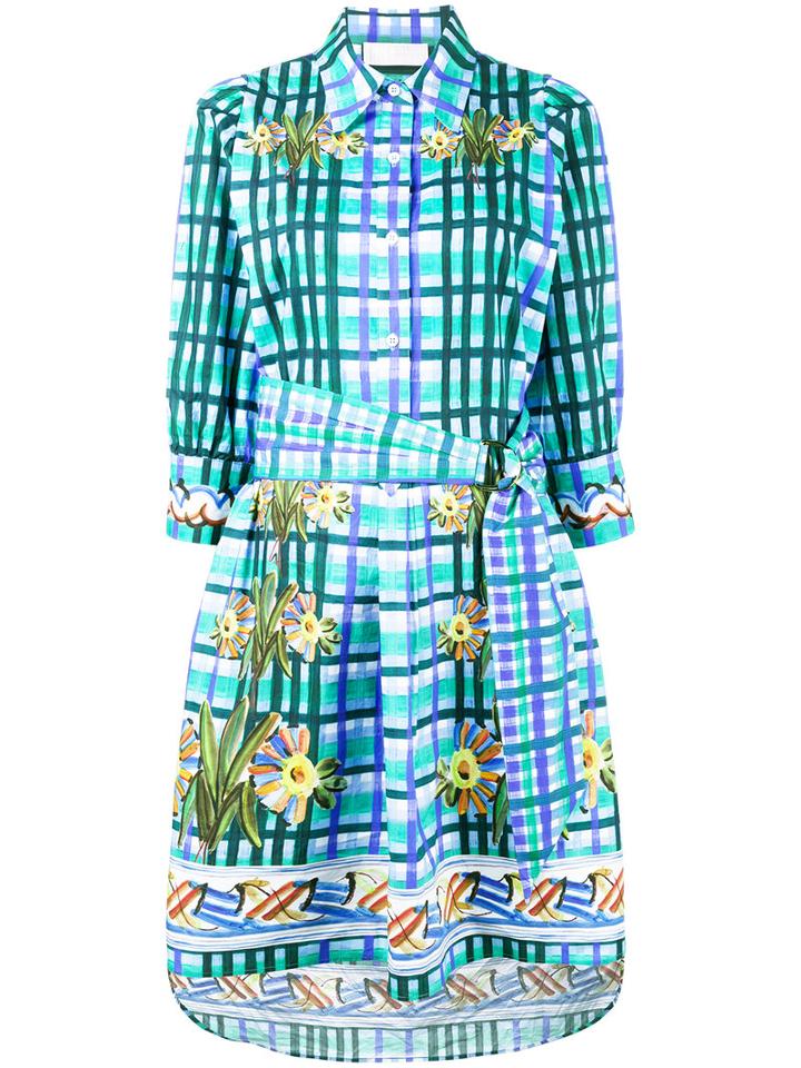 Peter Pilotto - Floral Check Print Shirt Dress - Women - Cotton - 10, Blue, Cotton
