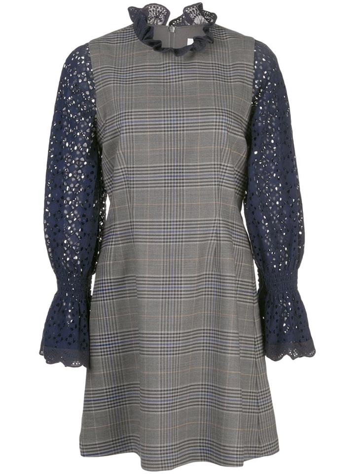 Sea Contrasting Sleeve Checked Dress - Grey