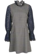 Sea Contrasting Sleeve Checked Dress - Grey