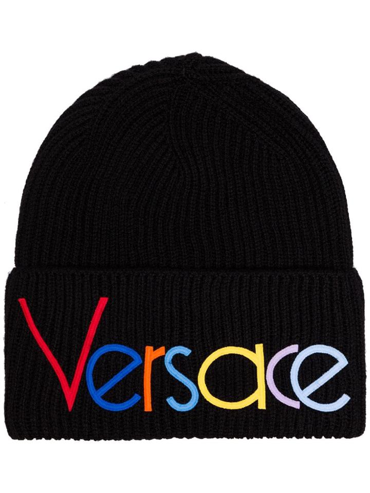 Versace Black Logo Embroidered Beanie Hat