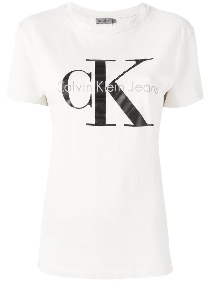 Calvin Klein Jeans Logo Print T-shirt, Women's, Size: Large, Nude/neutrals, Cotton