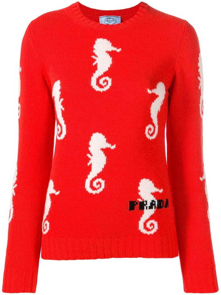 Prada Jacquard Seahorse Knit Sweater - Orange