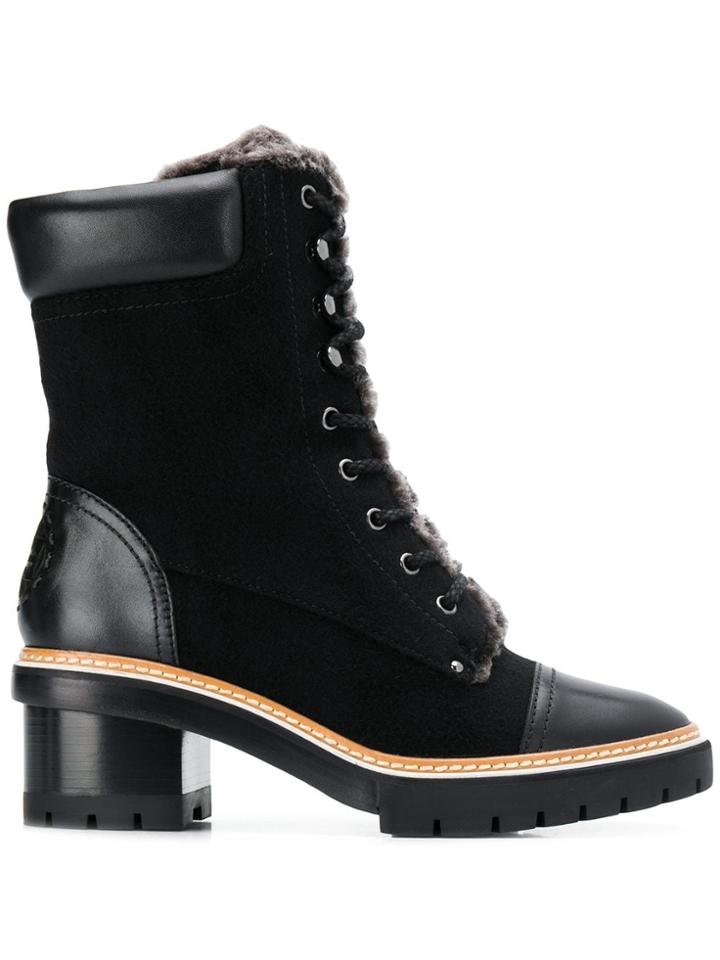 Tory Burch Fur-trimmed Ankle Boots - Black