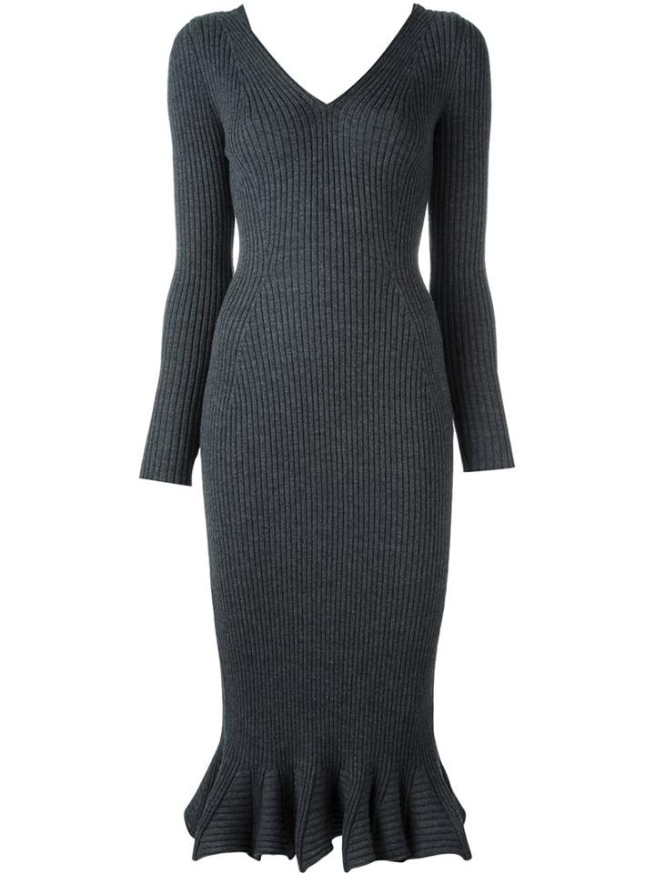 Lanvin Ribbed Knit Frill Dress, Women's, Size: Small, Grey, Wool