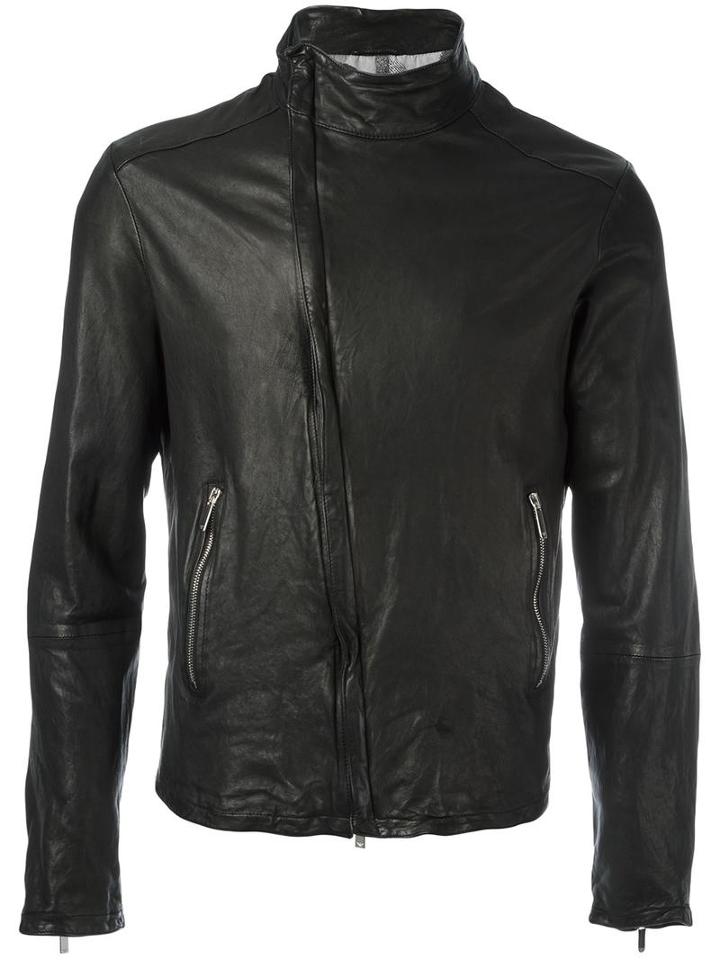 Emporio Armani Zip Up Biker Jacket, Men's, Size: 48, Black, Lamb Skin/polyester