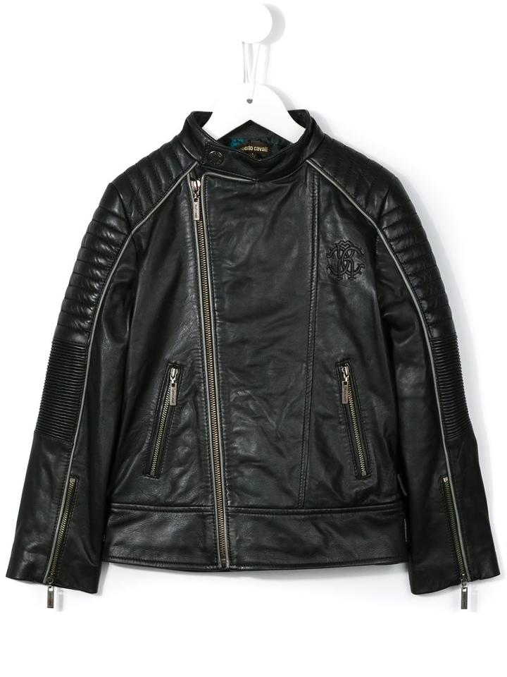 Roberto Cavalli Kids Logo Print Biker Jacket, Boy's, Size: 12 Yrs, Black