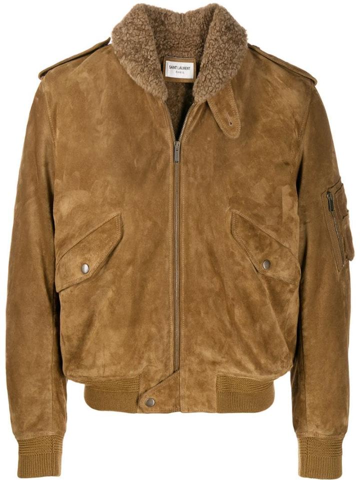 Saint Laurent Shearling Collar Suede Jacket - Brown