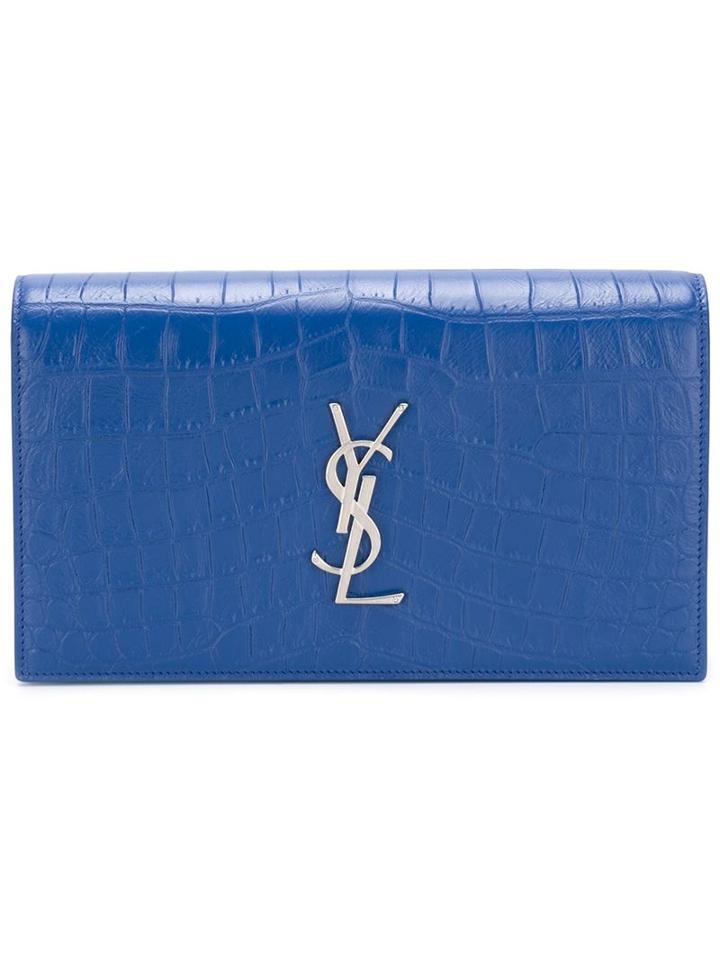 Saint Laurent Classic Monogram Clutch, Women's, Blue, Leather