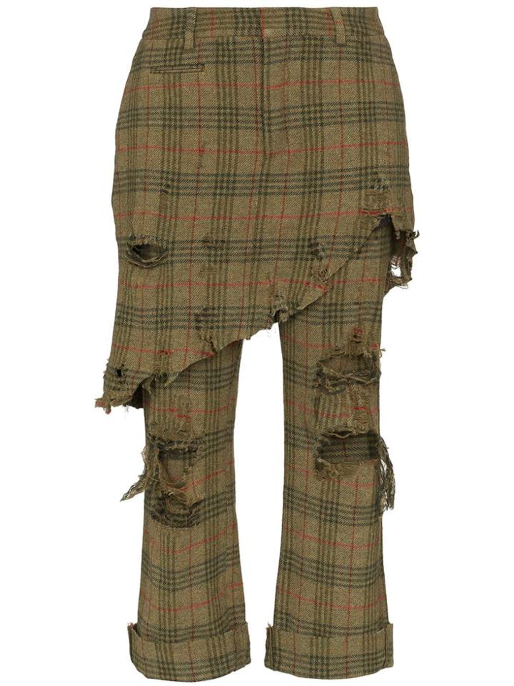 R13 Distressed Skirt-detail Checked Trousers - Green
