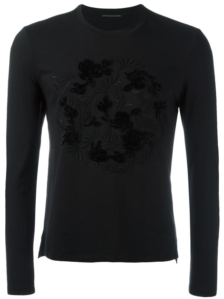 Ermanno Scervino Floral Embroidery Longsleeves T-shirt, Men's, Size: 46, Black, Cotton/spandex/elastane