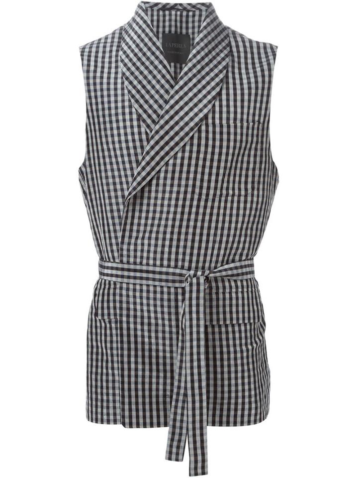 La Perla Gingham Check Belted Vest, Men's, Size: L, Black, Linen/flax/silk