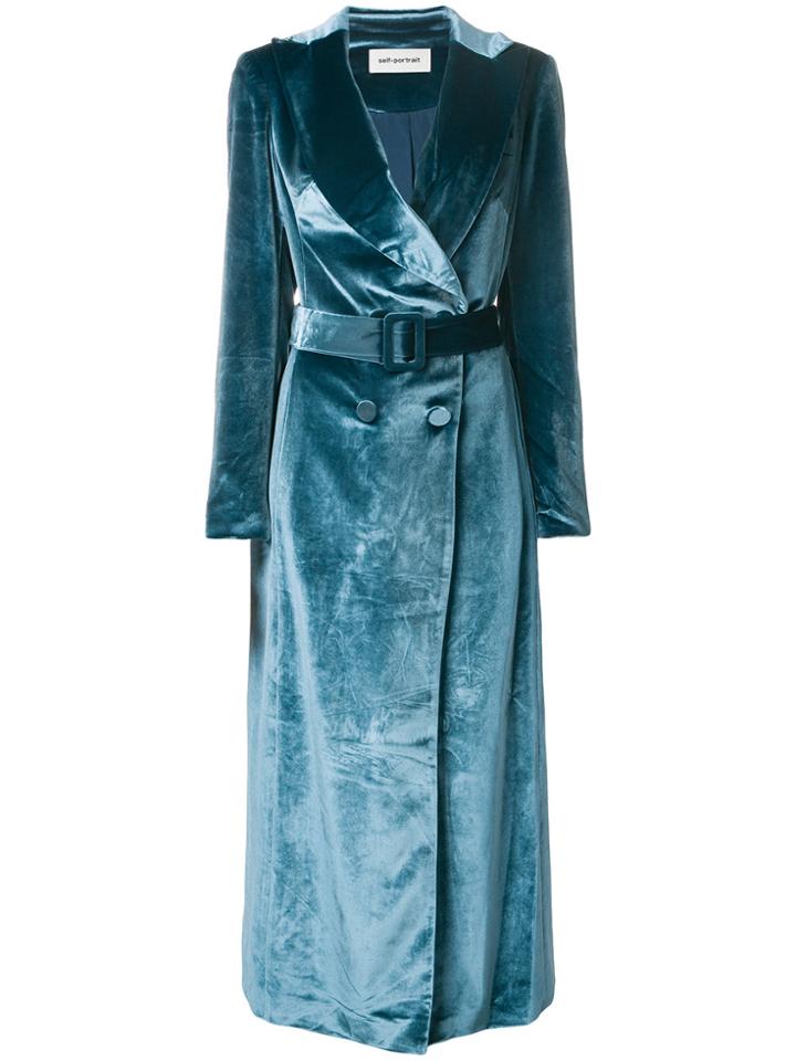 Self-portrait Draped Velvet Coat - Blue