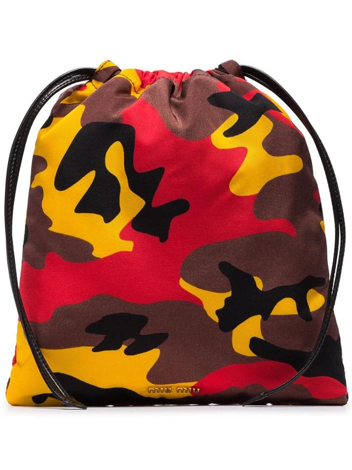 Miu Miu Red, Yellow And Brown Camo Print Drawstring Bag