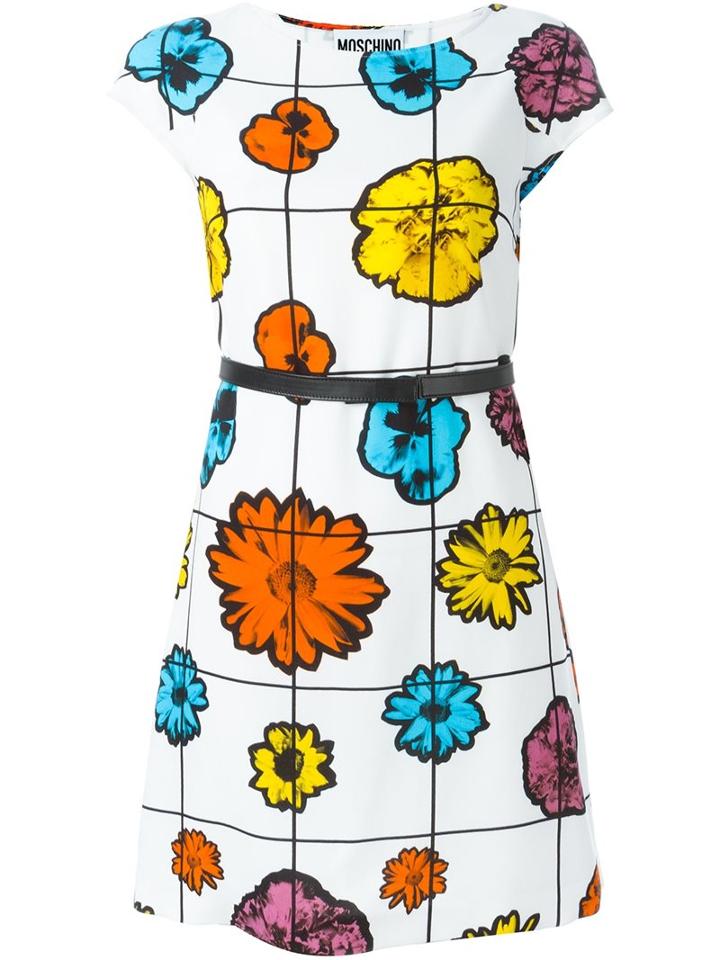 Moschino Floral Belted Dress, Women's, Size: 38, White, Viscose/rayon/spandex/elastane