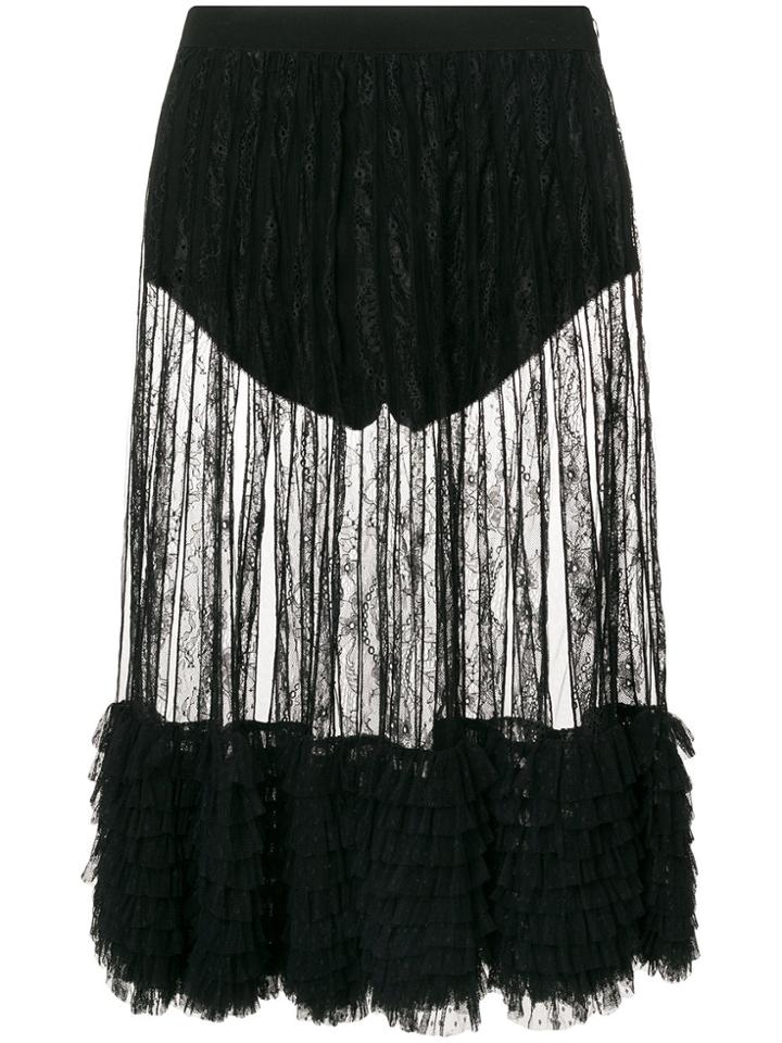 Amen Ruffled Tiered Sheer Lace Midi Skirt - Black