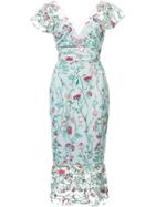 Marchesa Notte Floral Embroidered Midi Dress - Blue