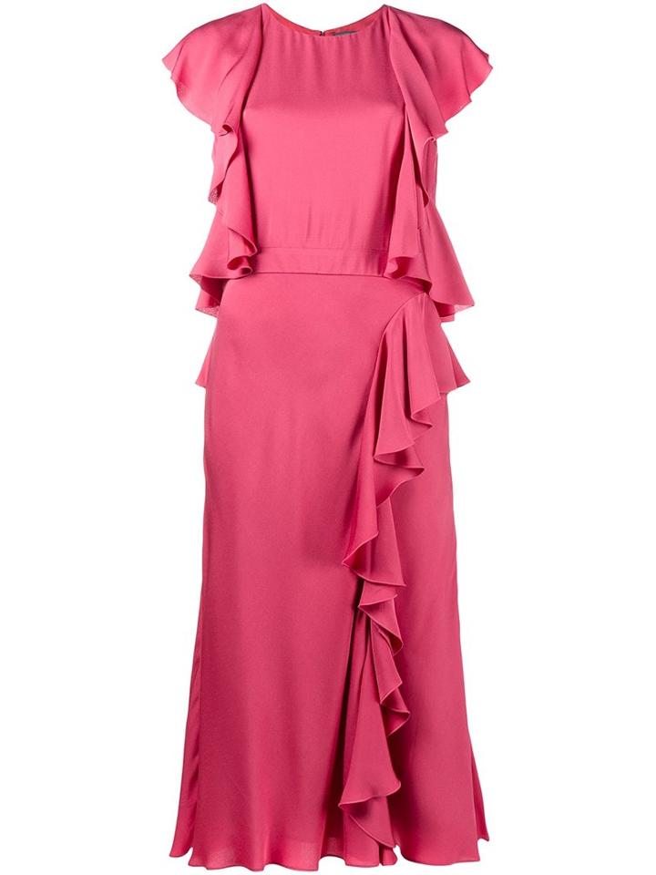 Alexander Mcqueen Ruffled Midi Dress, Women's, Size: 36, Pink/purple, Silk/viscose