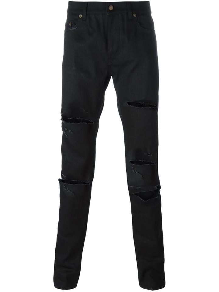 Saint Laurent Distressed Slim Fit Jeans, Men's, Size: 32, Black, Cotton/spandex/elastane