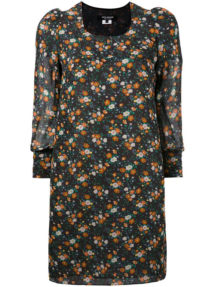Cropped Sleeve Floral Shift Dress - Women - Polyester/rayon - M, Black, Polyester/rayon, Junya Watanabe Comme Des Garçons