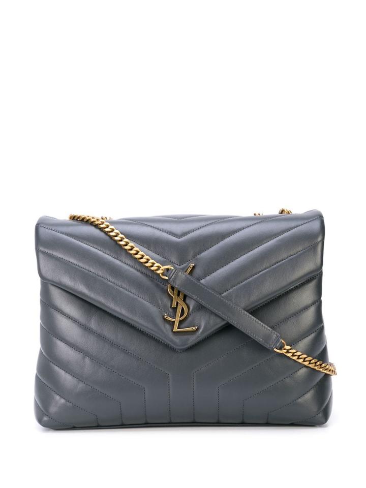 Saint Laurent Loulou Monogram Plaque Shoulder Bag - Grey