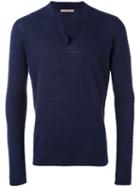 Nuur - Ribbed Open Neck Jumper - Men - Cotton/linen/flax - 46, Blue, Cotton/linen/flax