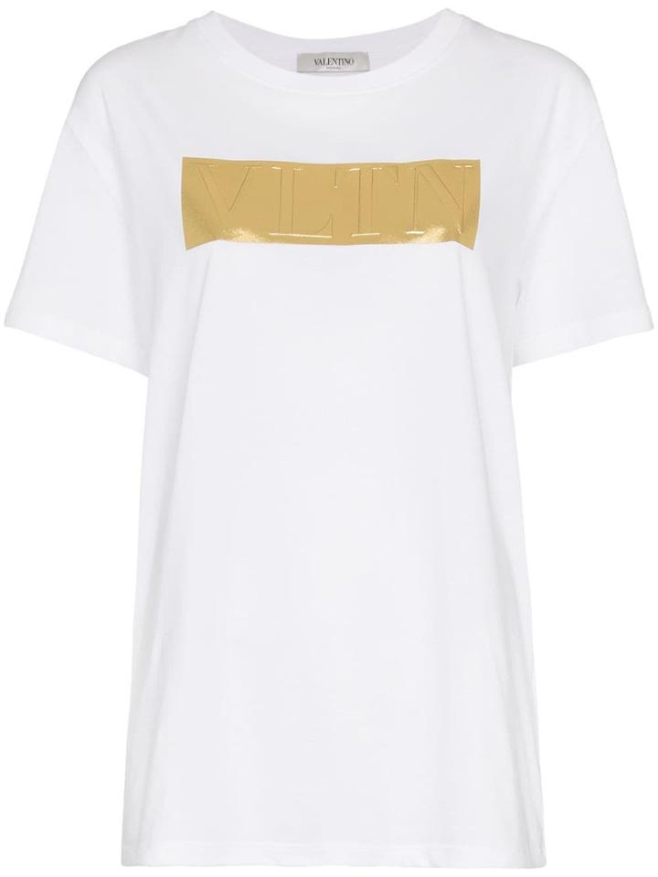 Valentino Gold Logo Print Crew Neck Cotton T-shirt - White