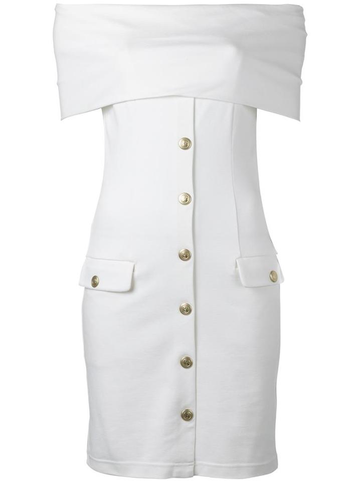 Pierre Balmain - Off-shoulder Buttoned Dress - Women - Polyester/spandex/elastane/viscose - 38, White, Polyester/spandex/elastane/viscose