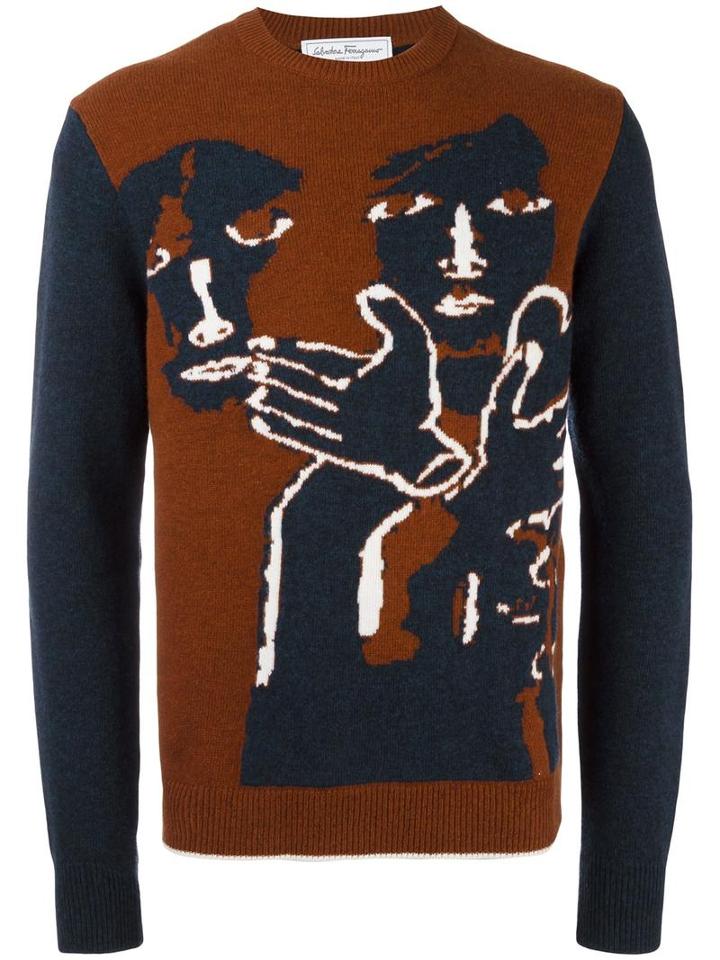Salvatore Ferragamo Intarsia Knit Jumper, Men's, Size: Medium, Blue, Virgin Wool