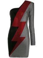 Balmain Asymmetrical Rhinestoned Lightning Bolt Print Dress - Grey