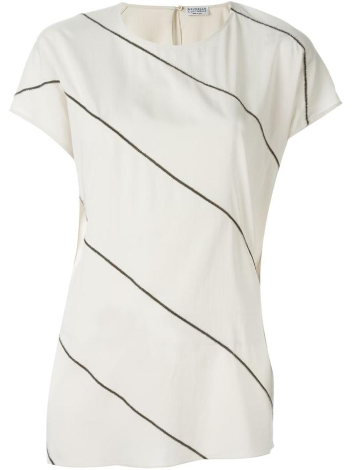 Brunello Cucinelli Embellished Stripe T-shirt, Women's, Size: S, Nude/neutrals, Silk/spandex/elastane