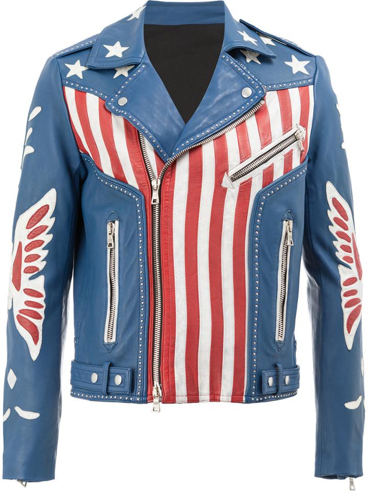 Balmain American Flag Print Leather Jacket - Blue