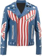 Balmain American Flag Print Leather Jacket - Blue