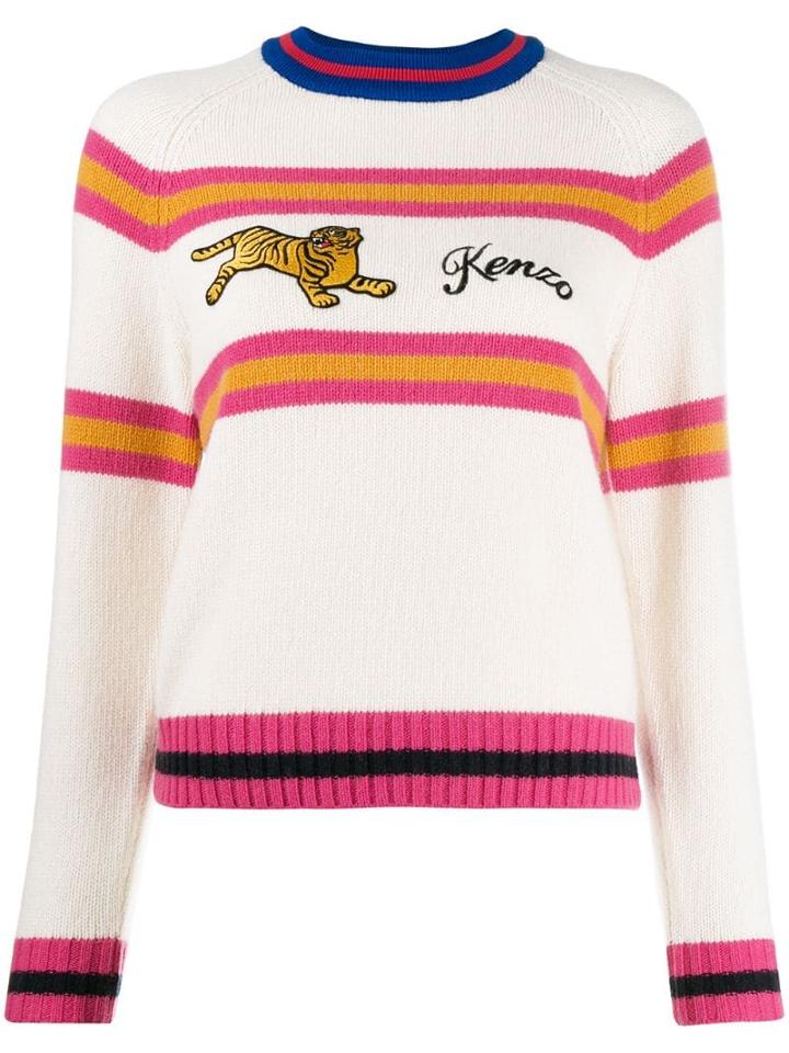 Kenzo Stripe Embroidered Tiger Jumper - White
