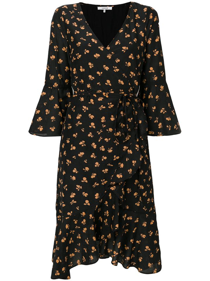 Ganni Floral Print Wrap Dress - Black