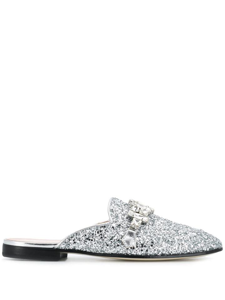 Pollini Glitter Crystal Buckle Slippers - Silver