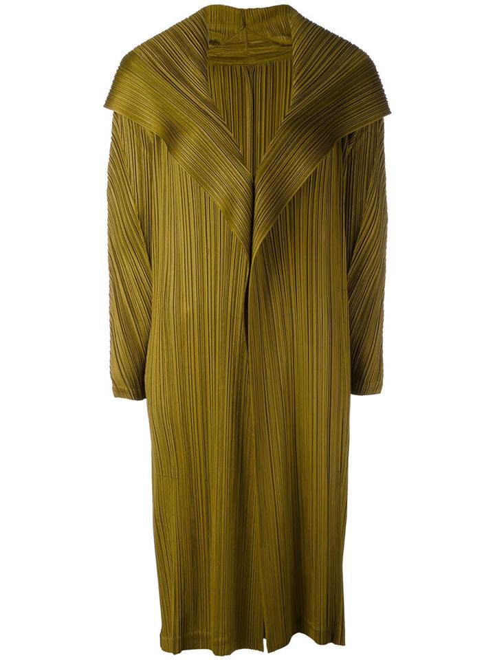 Pleats Please By Issey Miyake - Long Pleated Coat - Women - Polyester - Iii, Green, Polyester