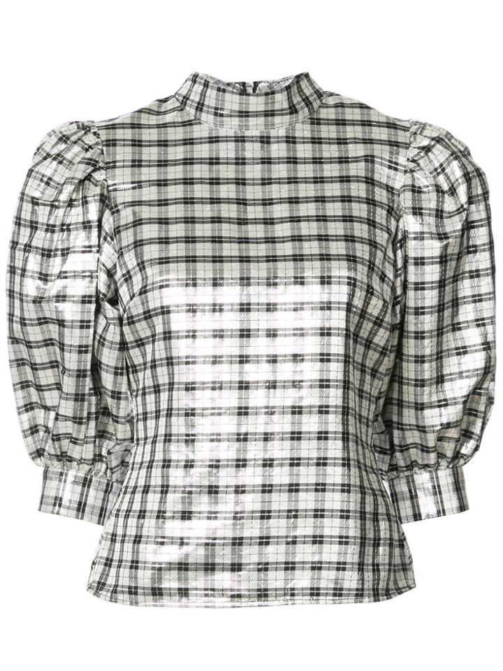 Ganni Mock Neck Checked Blouse - Metallic