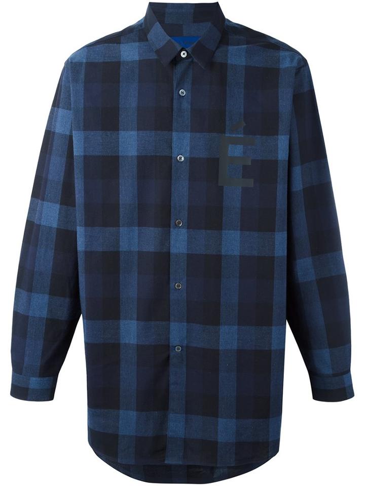 Études Printed Logo Check Shirt, Men's, Size: 44, Blue, Cotton