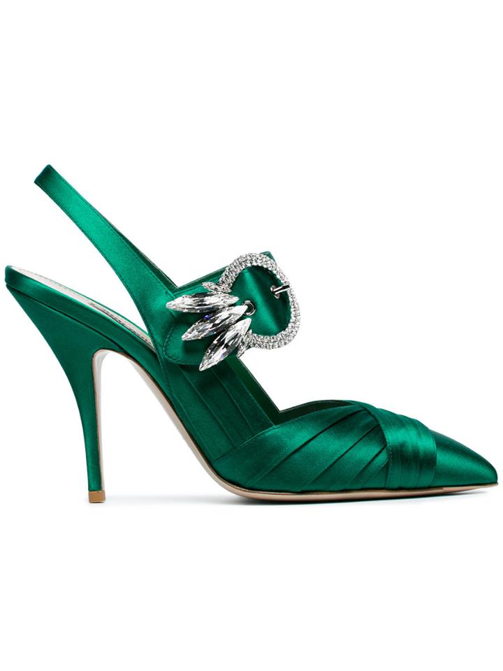 Miu Miu Green Satin Crystal 105 Slingbacks