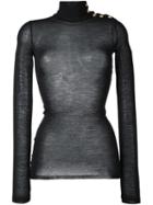 Balmain Semi-sheer Buttoned Shoulder Turtleneck, Women's, Size: 36, Black, Wool