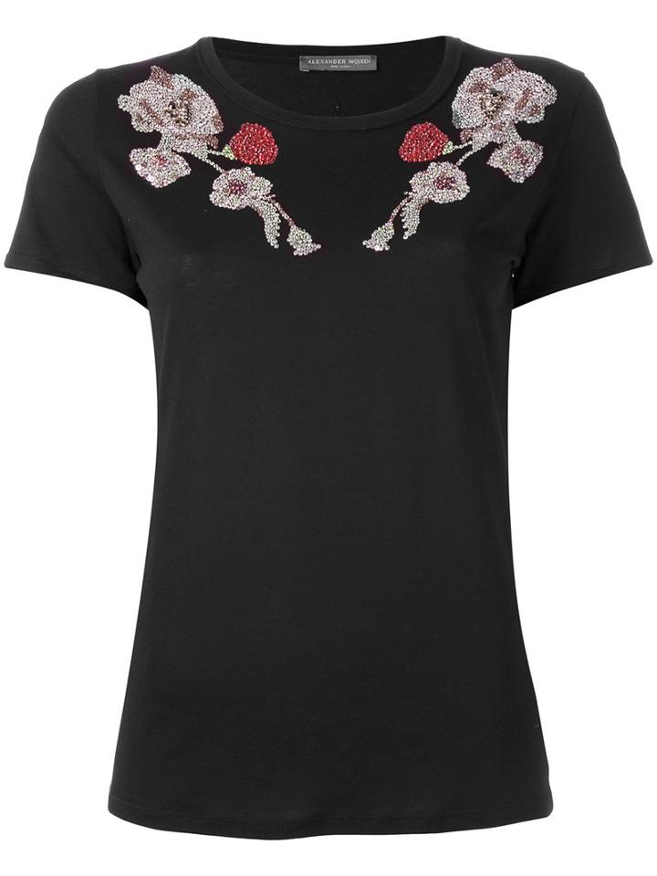 Alexander Mcqueen Floral Embroidered T-shirt, Women's, Size: 40, Black, Cotton/glass/metal/plastic